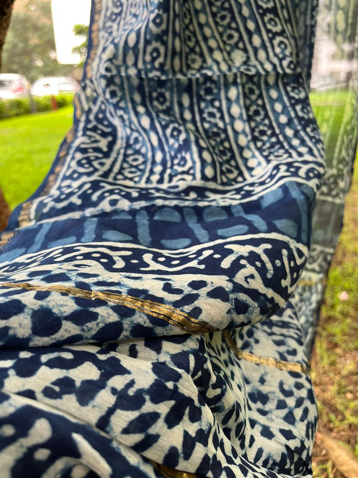 Chanderi Dupatta with Dabu Handblock print done in Indigo dye