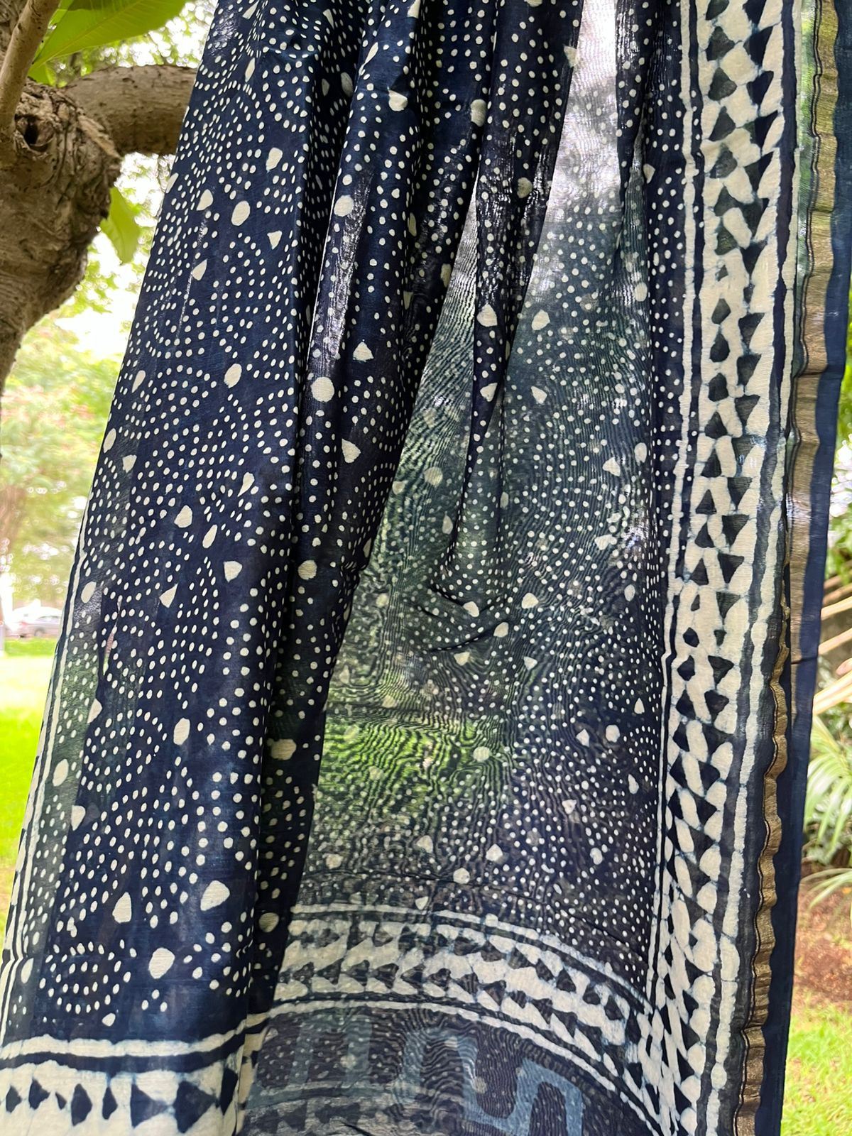 Chanderi Dupatta with Dabu Handblock print done in Indigo dye