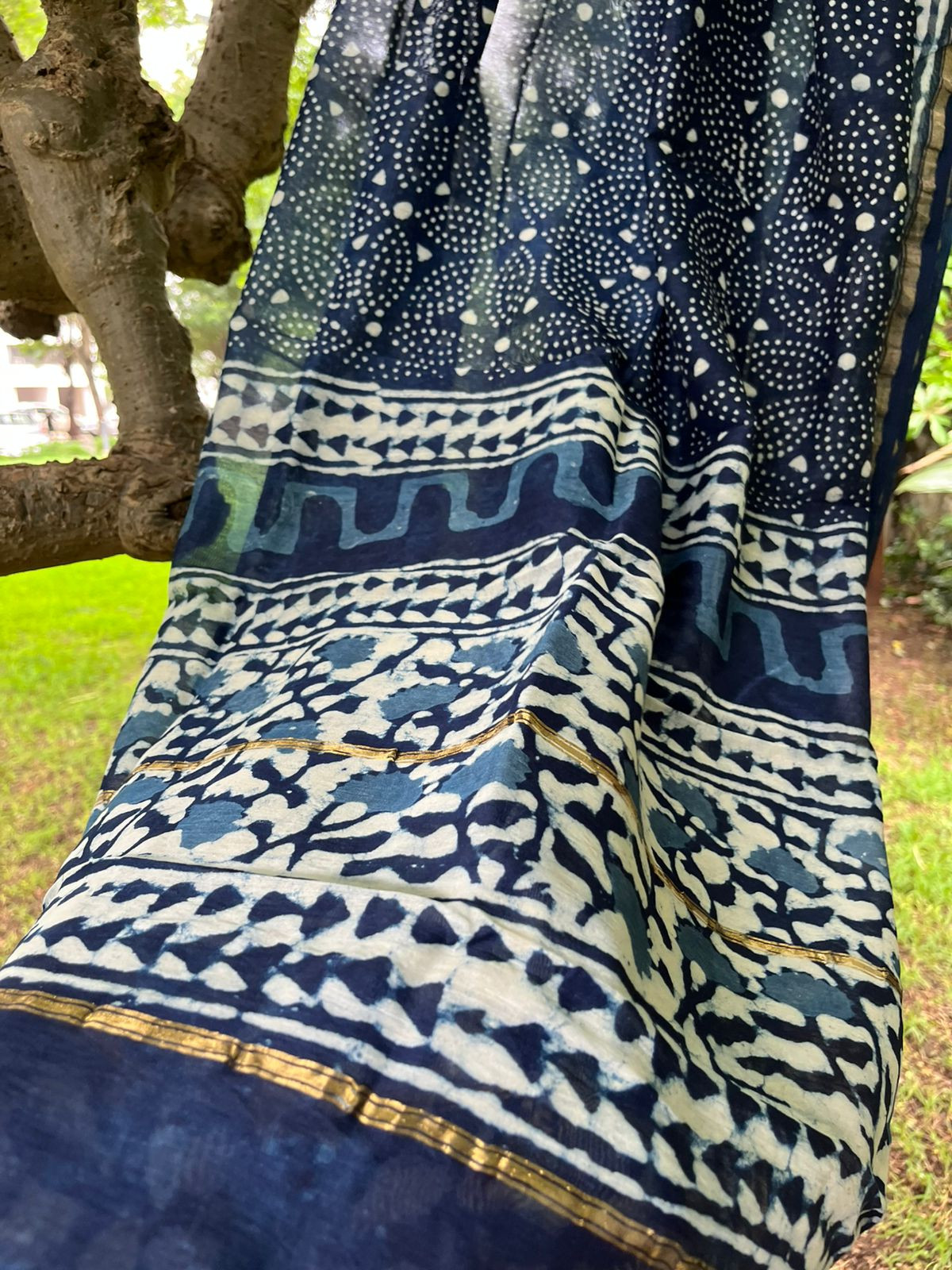 Chanderi Dupatta with Dabu Handblock print done in Indigo dye