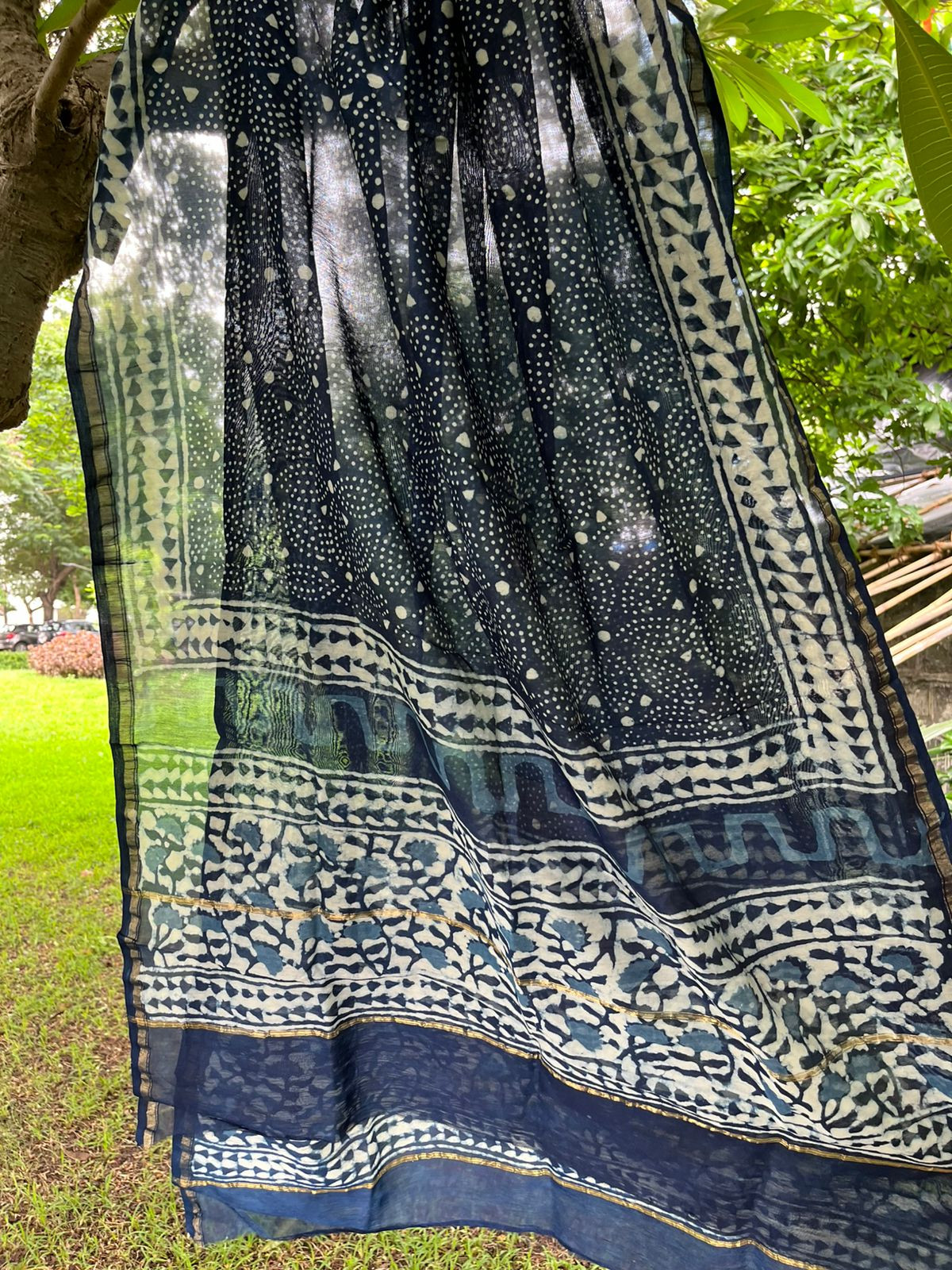 Chanderi Dupatta with Dabu Handblock print done in Indigo dye
