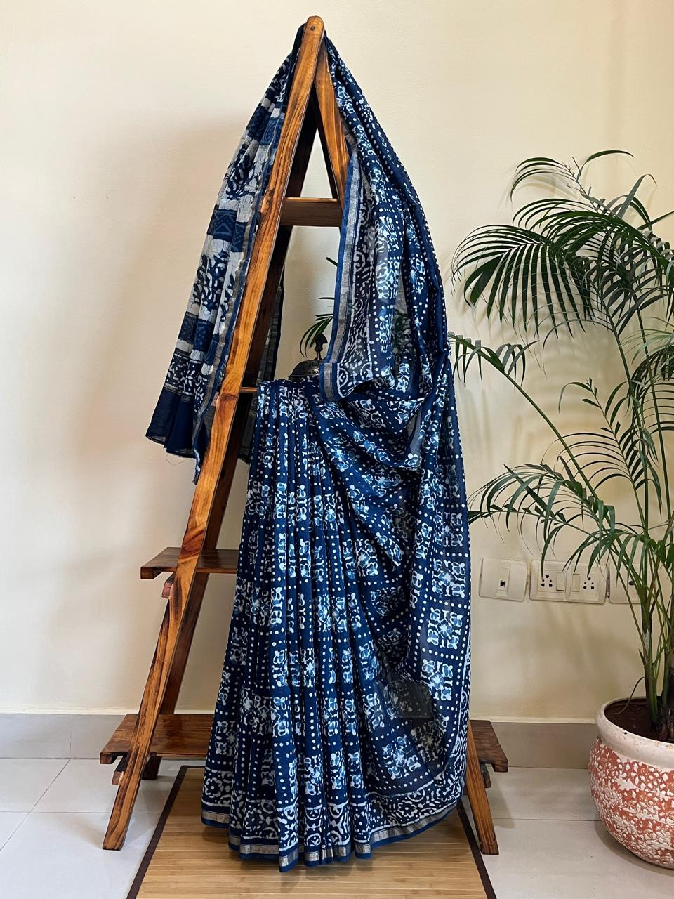 Chanderi Handblock Printed Saree done in Indigo Dyes