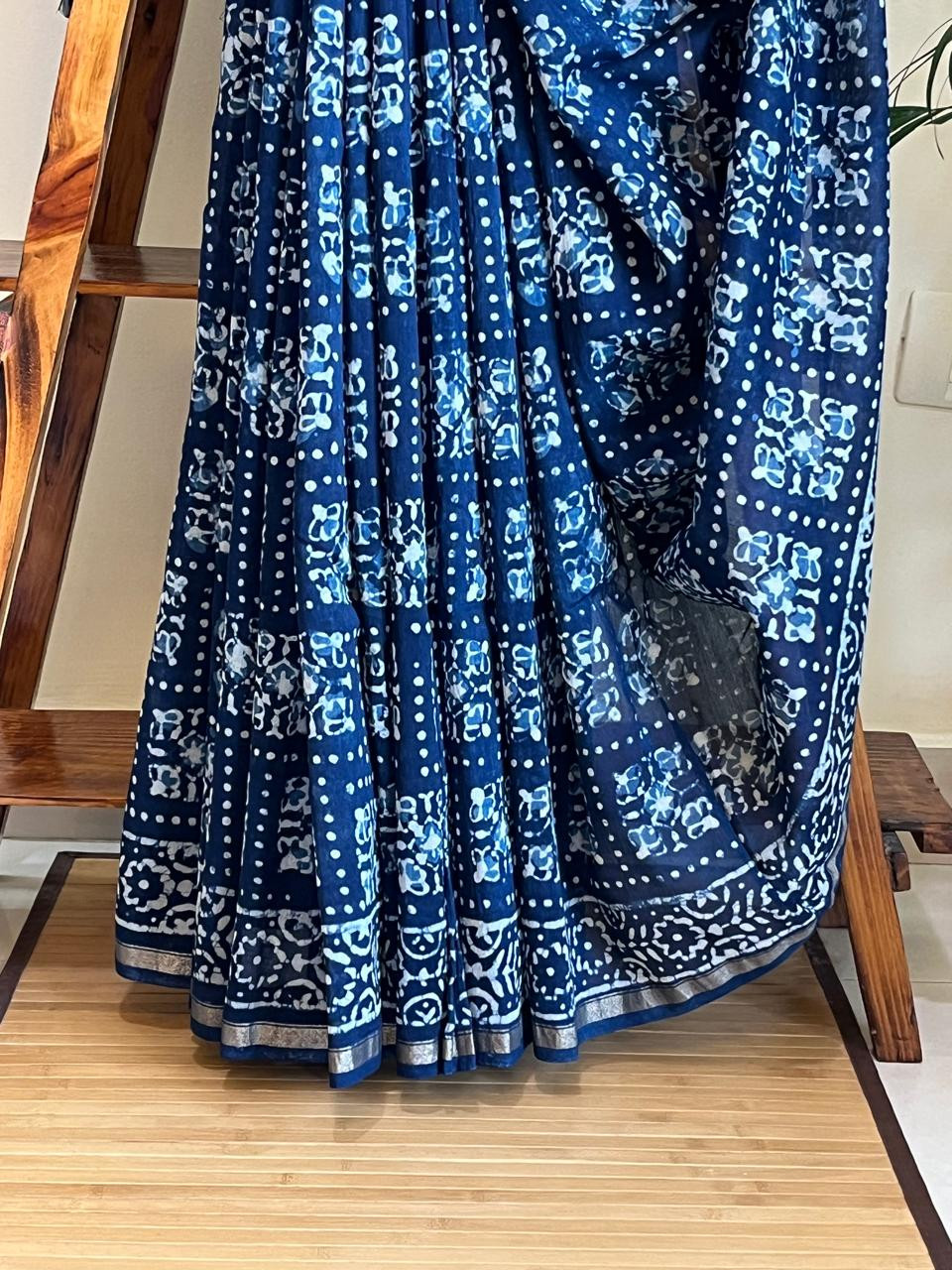 Chanderi Handblock Printed Saree done in Indigo Dyes