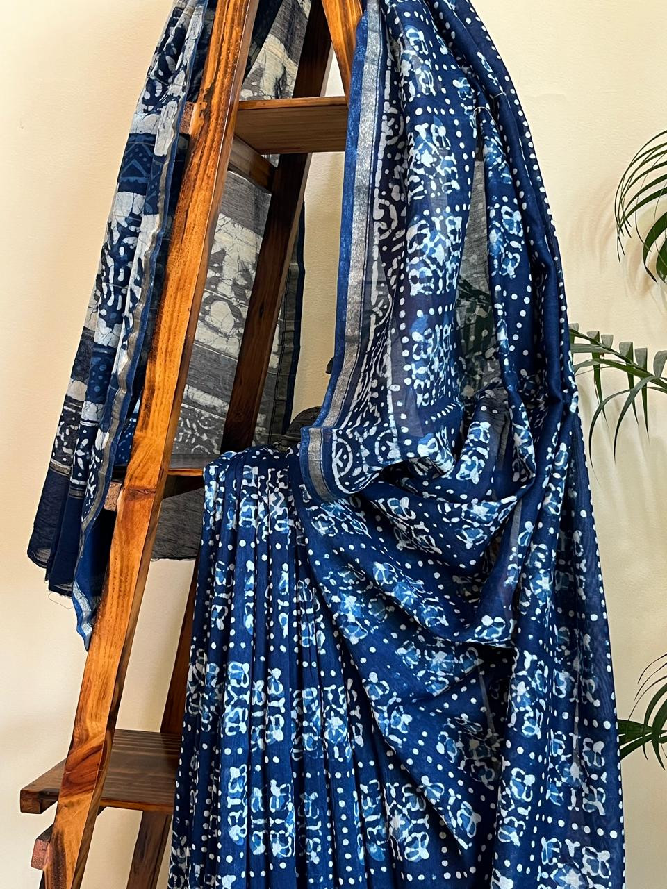 Chanderi Handblock Printed Saree done in Indigo Dyes