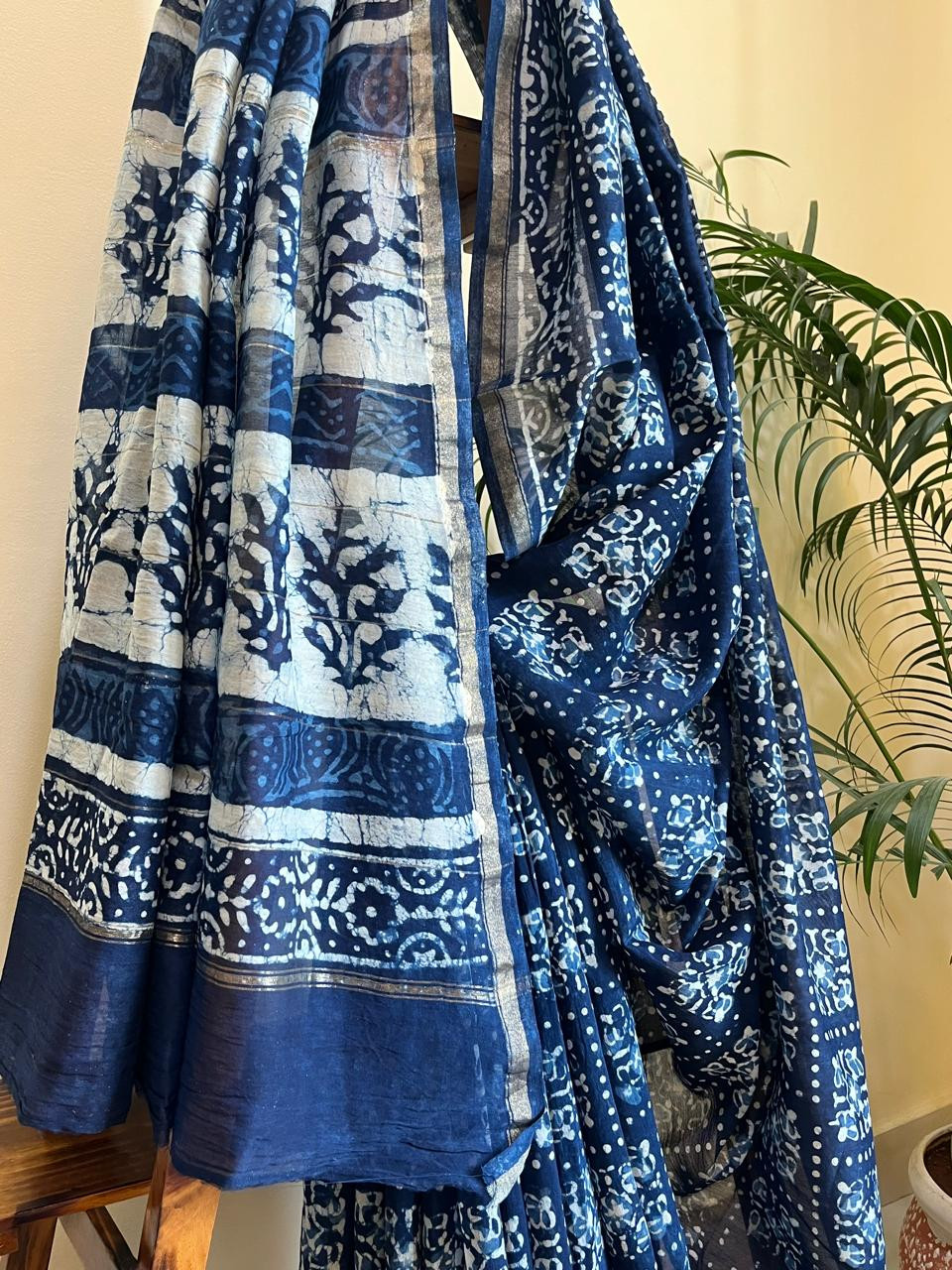Chanderi Handblock Printed Saree done in Indigo Dyes
