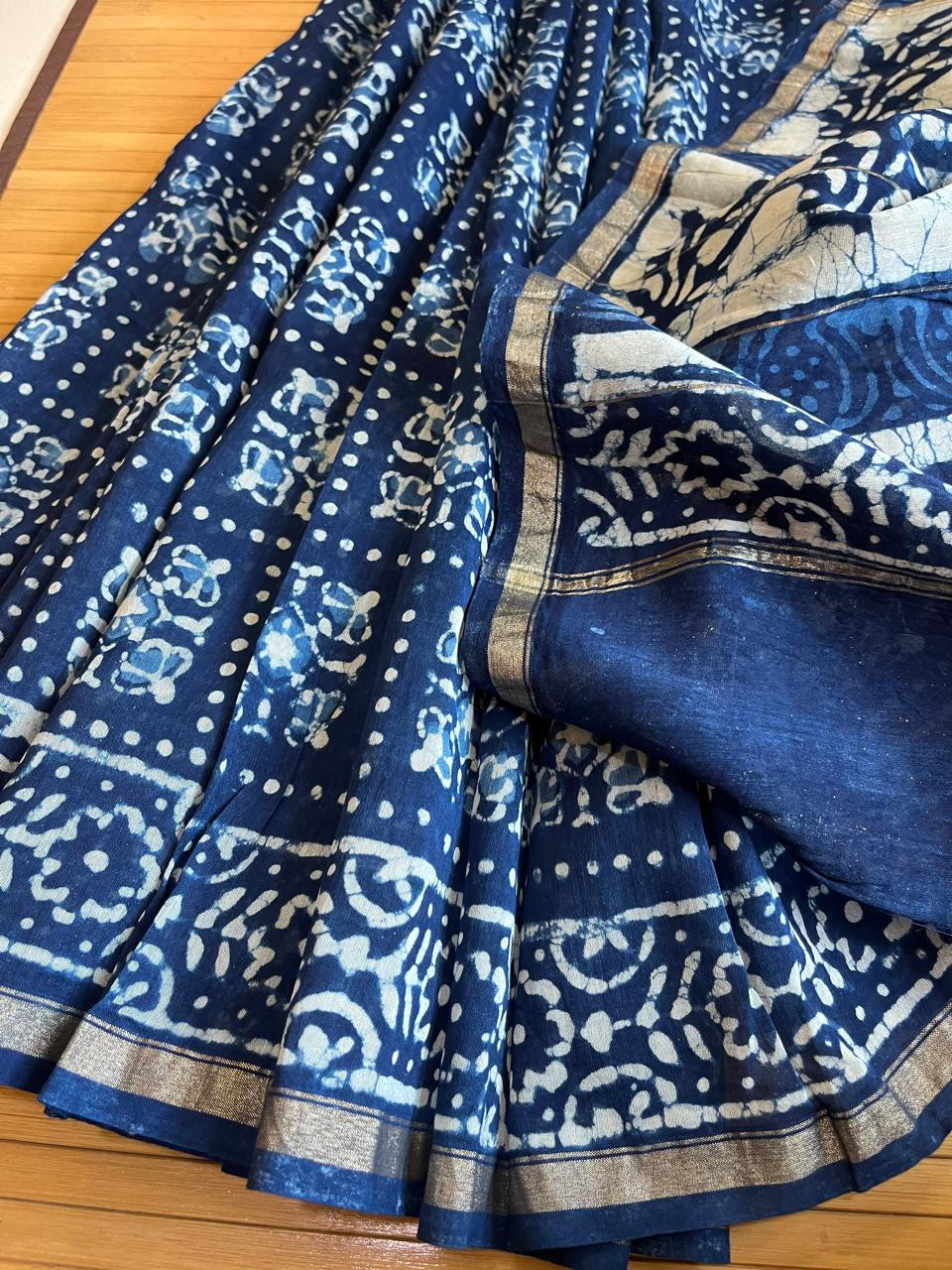 Chanderi Handblock Printed Saree done in Indigo Dyes