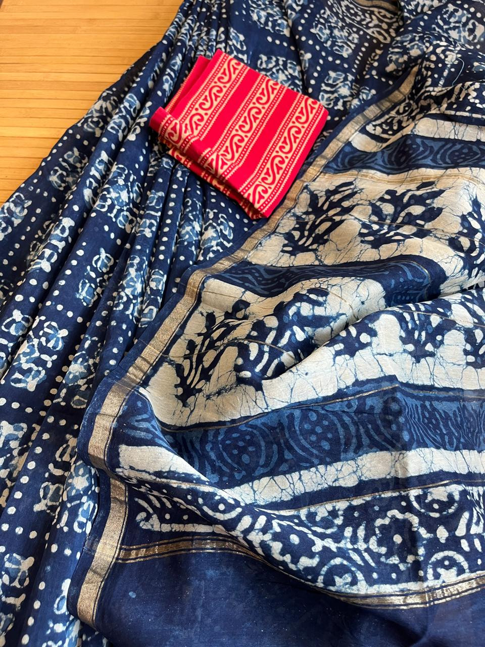 Chanderi Handblock Printed Saree done in Indigo Dyes