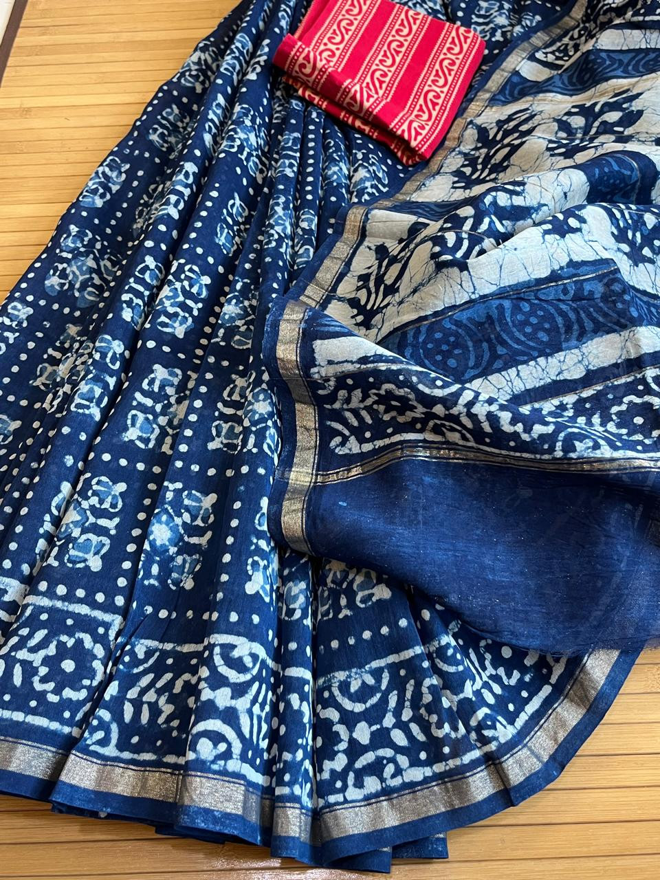 Chanderi Handblock Printed Saree done in Indigo Dyes