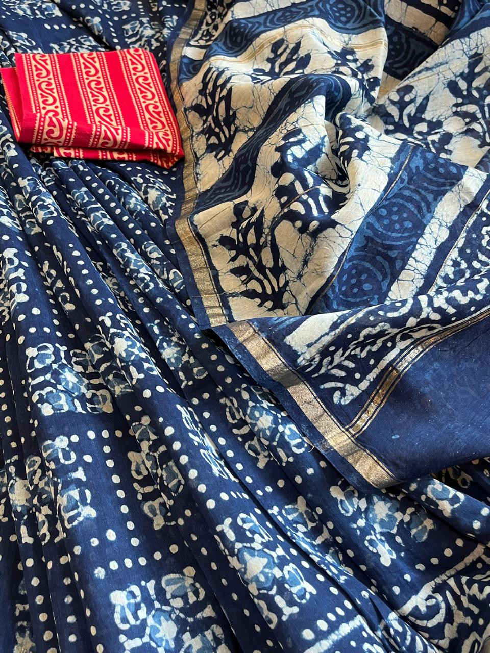 Chanderi Handblock Printed Saree done in Indigo Dyes