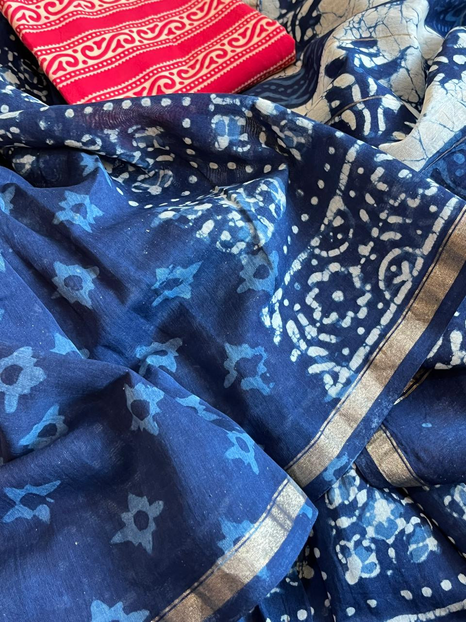 Chanderi Handblock Printed Saree done in Indigo Dyes