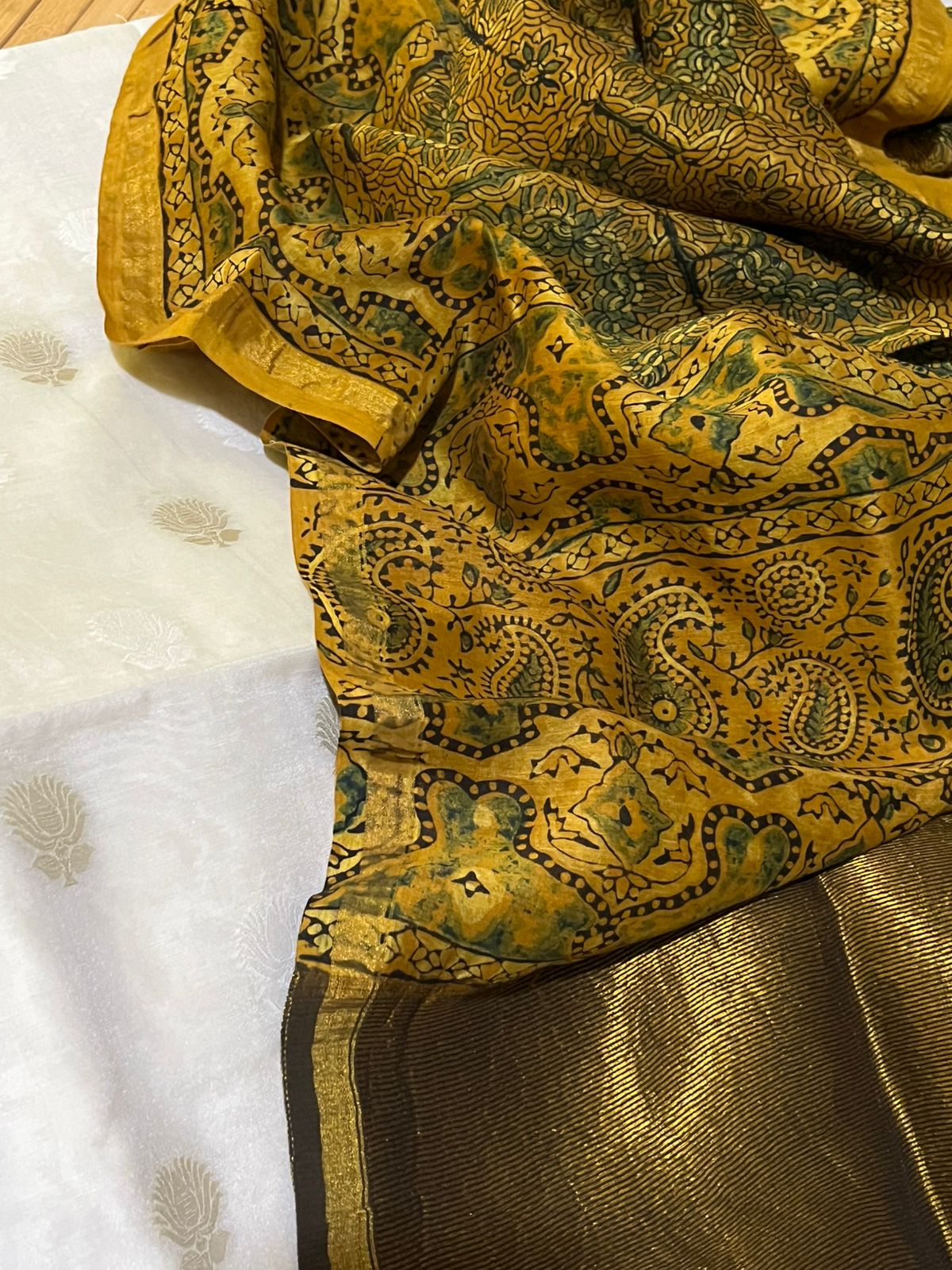 Chanderi Handwoven Banarasi Kurta With Buttis With Chanderi Handblock Ajrakh Dupatta- Off White With Yellow