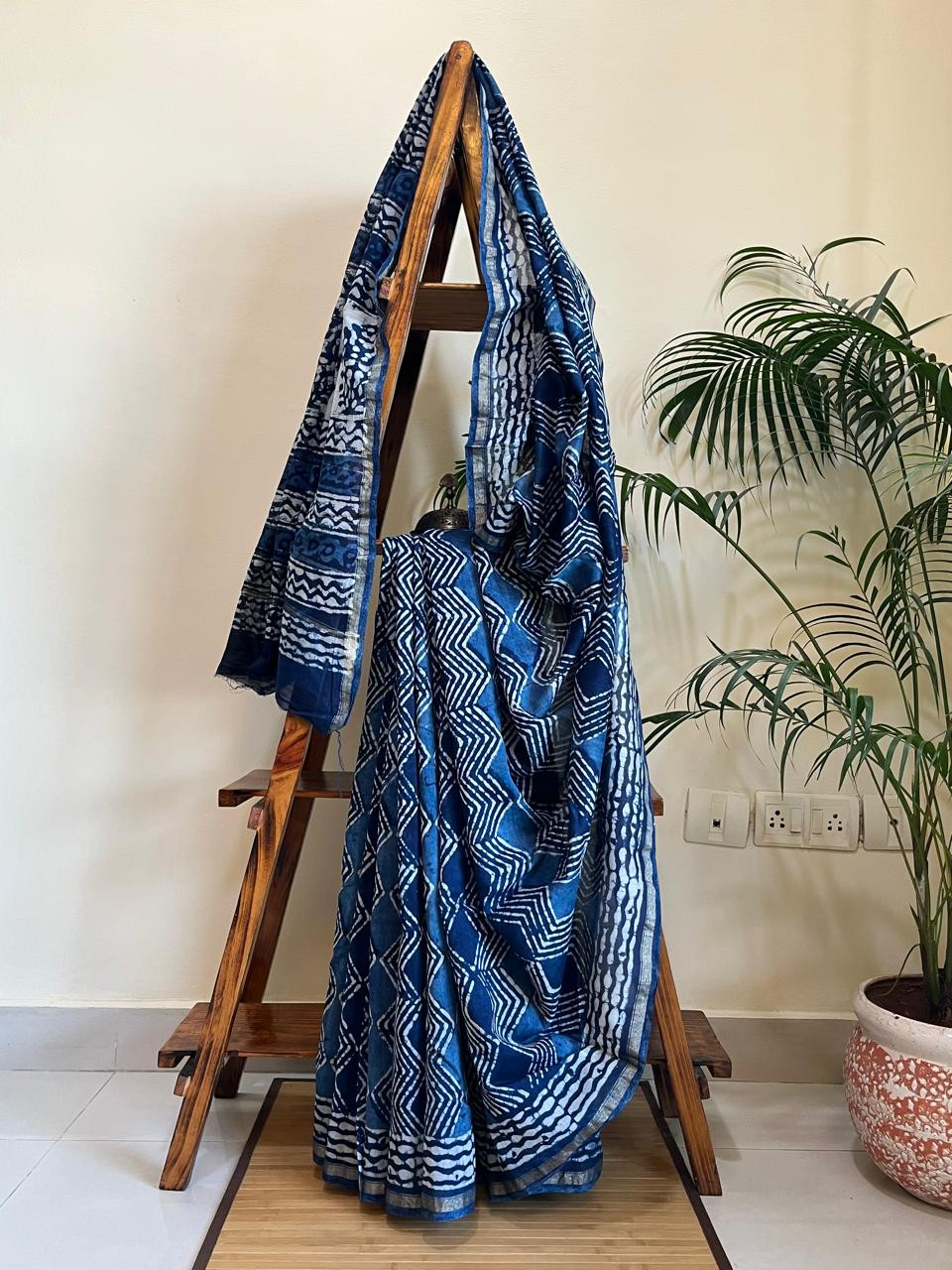 Chanderi Handblock Printed Saree done in Indigo Dyes