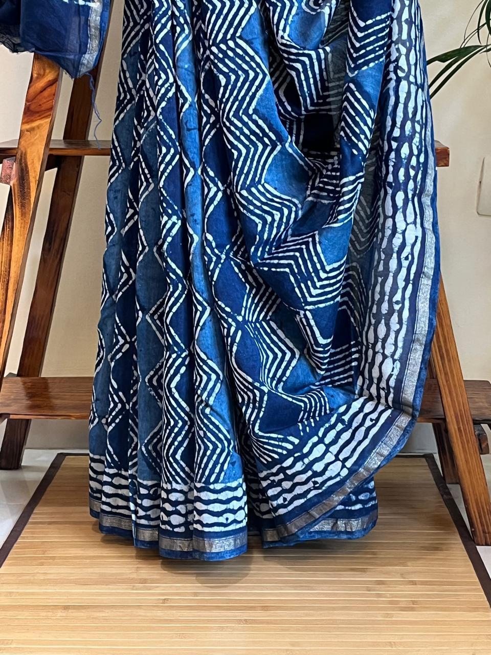 Chanderi Handblock Printed Saree done in Indigo Dyes
