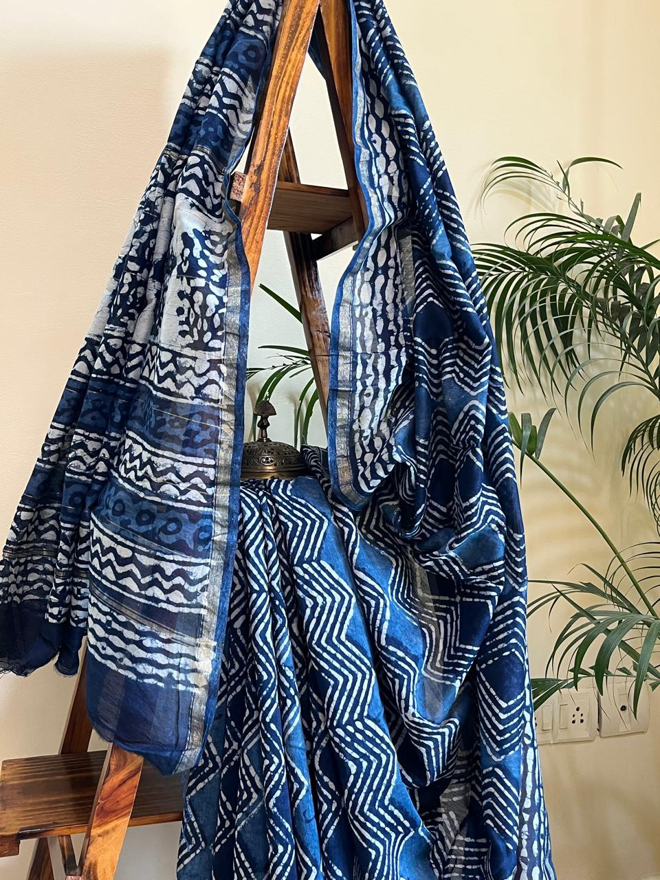 Chanderi Handblock Printed Saree done in Indigo Dyes