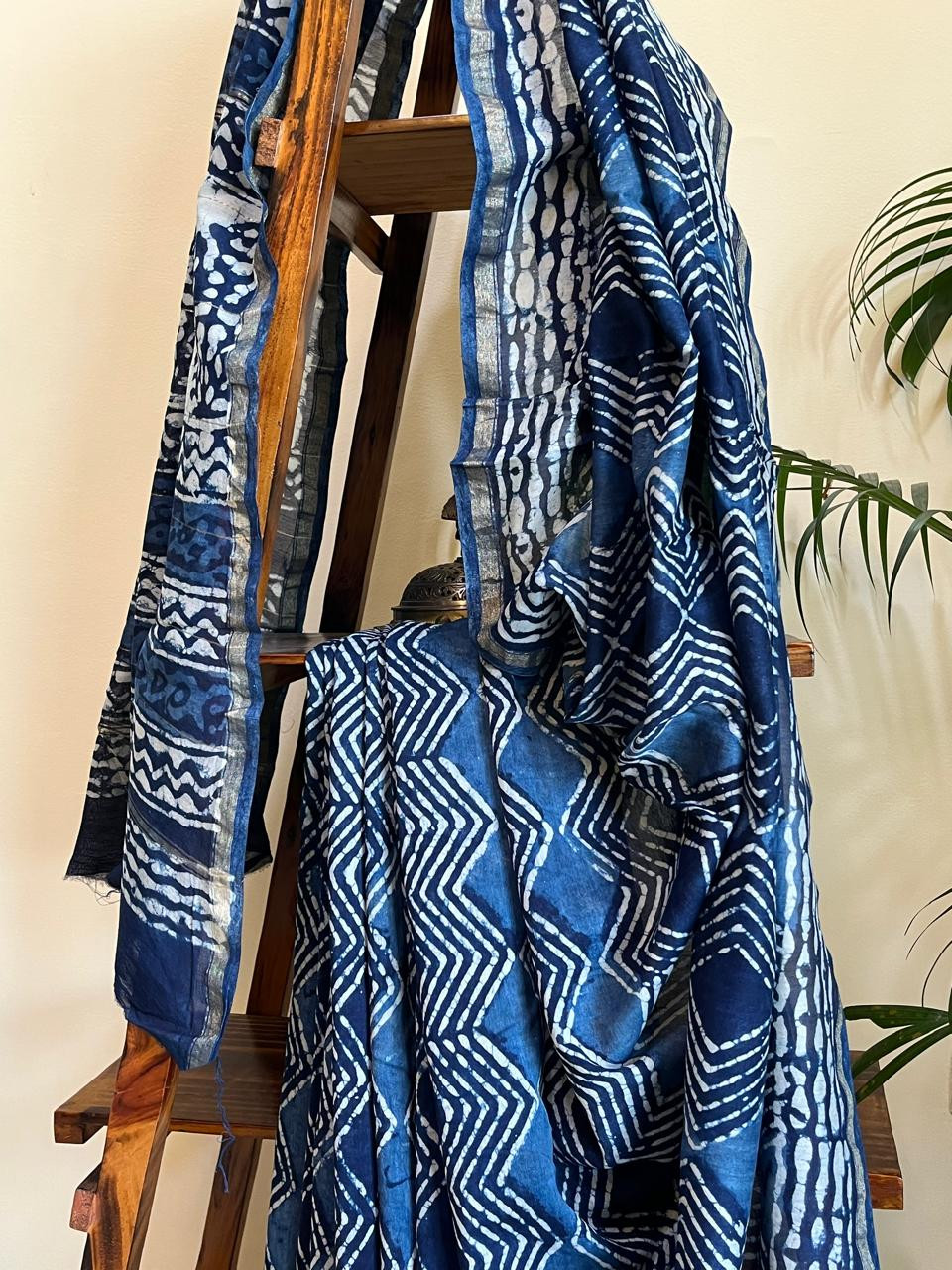 Chanderi Handblock Printed Saree done in Indigo Dyes