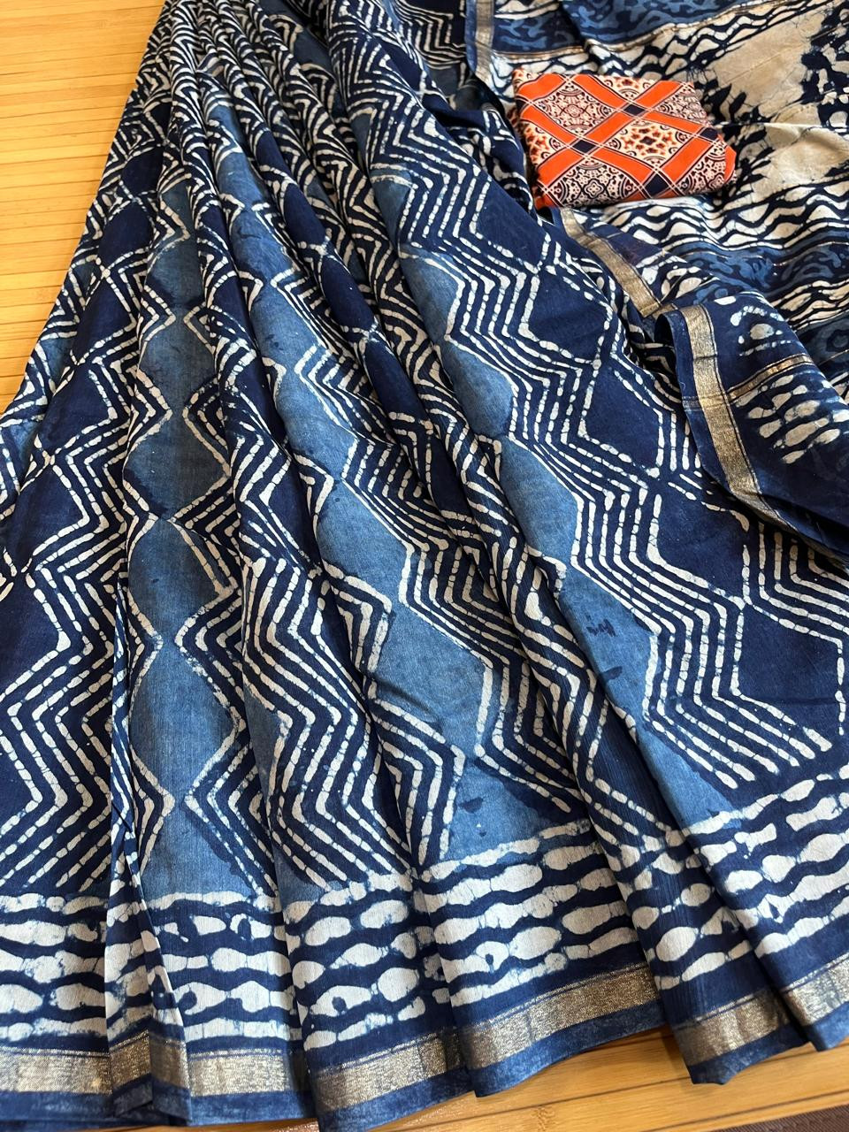 Chanderi Handblock Printed Saree done in Indigo Dyes