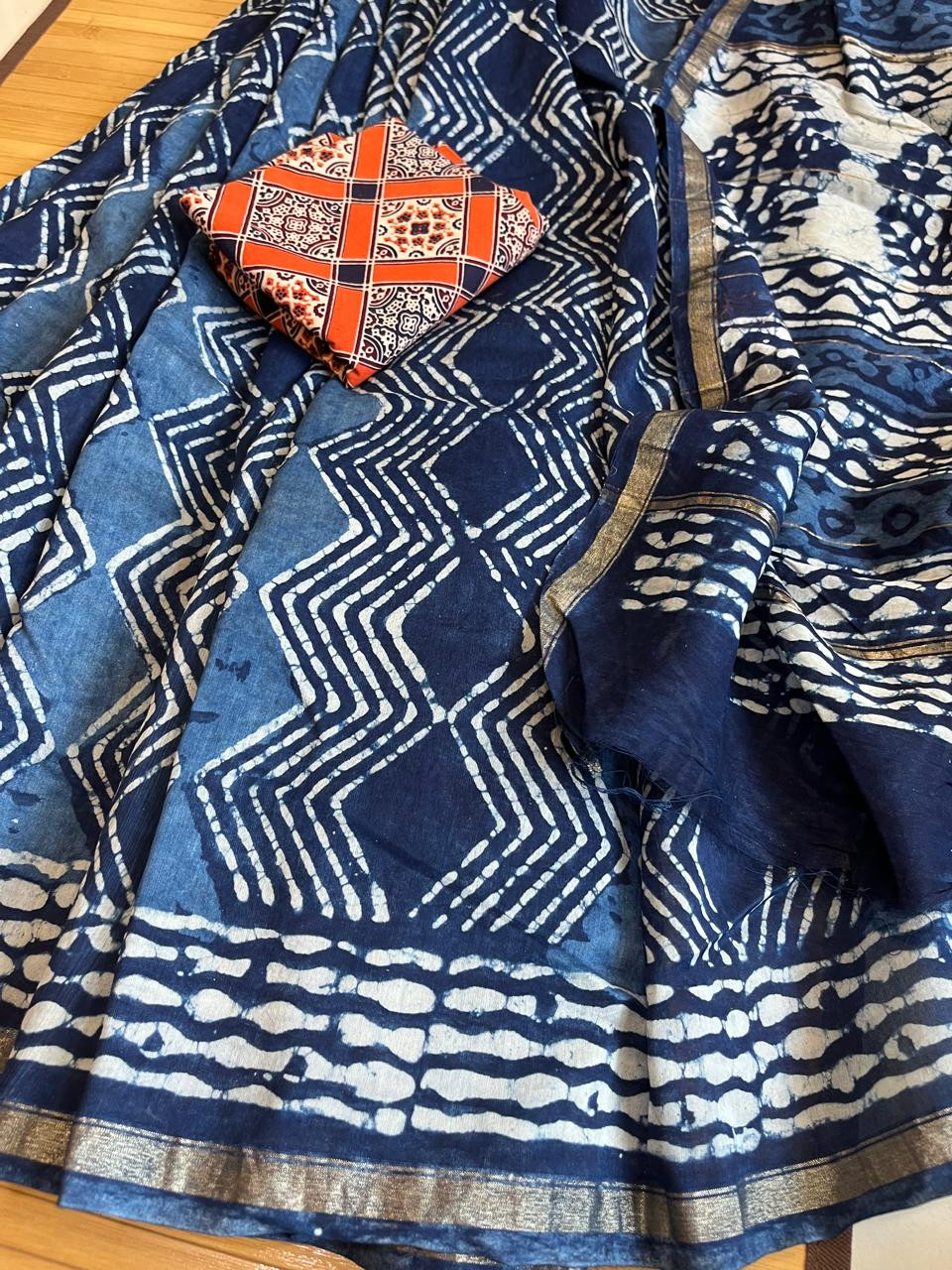 Chanderi Handblock Printed Saree done in Indigo Dyes
