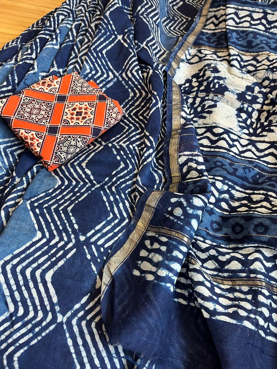 Chanderi Handblock Printed Saree done in Indigo Dyes