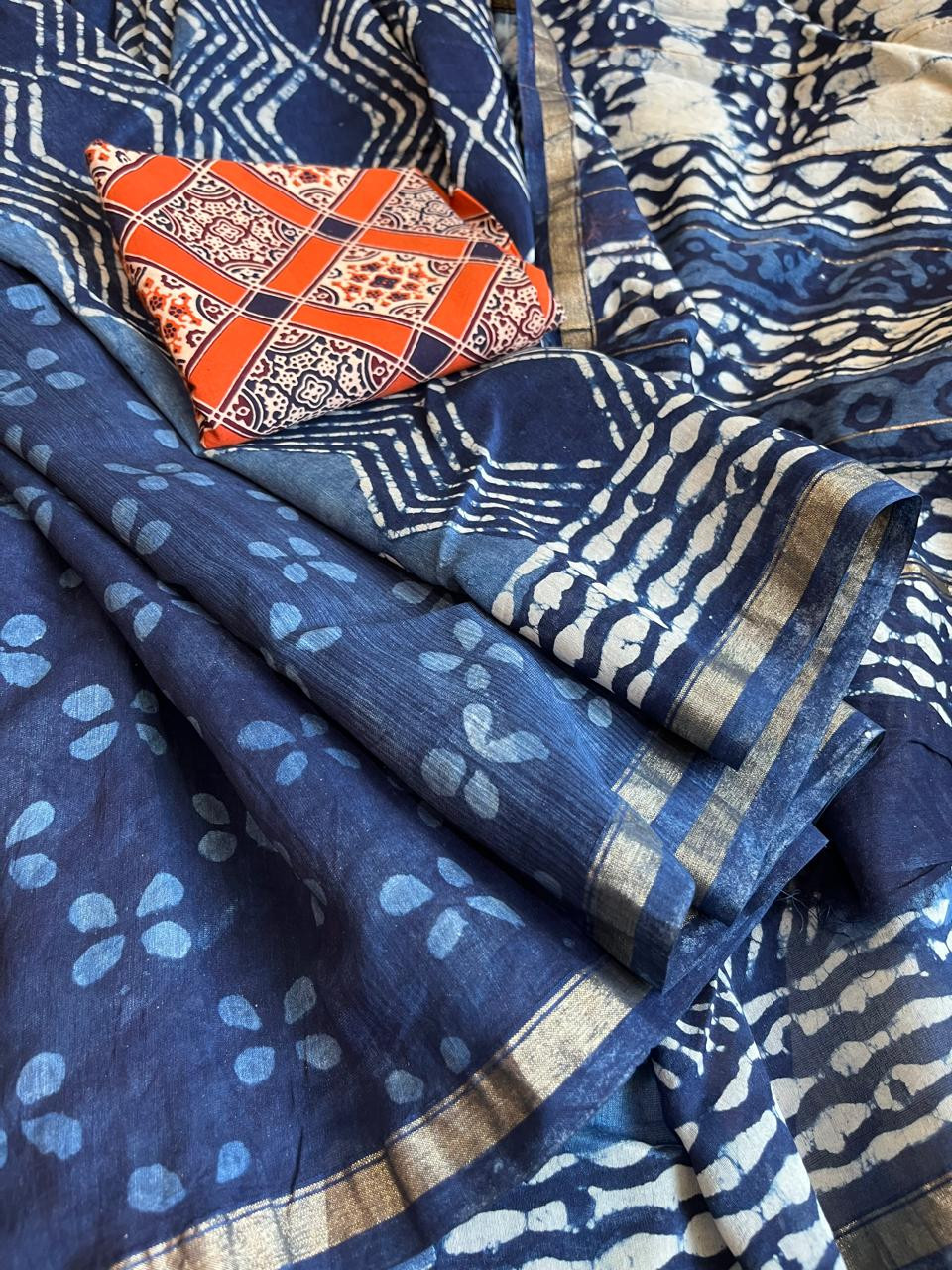 Chanderi Handblock Printed Saree done in Indigo Dyes