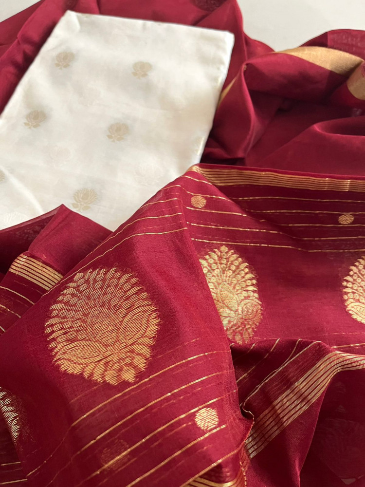 Image of Pure Chanderi Charm - Chanderi Silk Handwoven Dupatta with Zari Butti with Chanderi Cotton Silk Kurta - Maroon