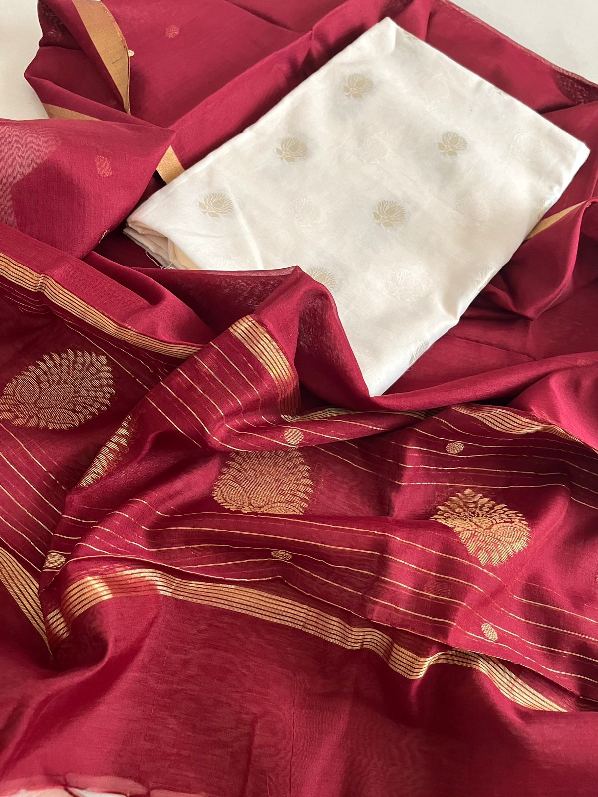 Pure Chanderi Charm - Chanderi Silk Handwoven Dupatta with Zari Butti with Chanderi Cotton Silk Kurta - Maroon