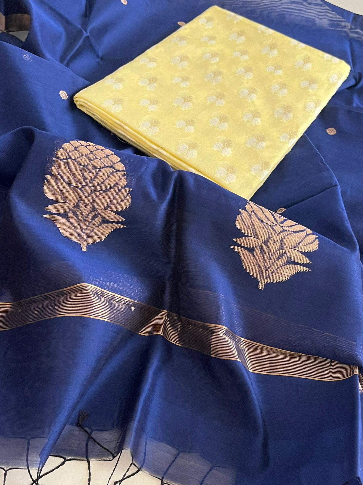 Pure Chanderi Charm - Chanderi Silk Handwoven Dupatta with Zari Butti with Chanderi Cotton Silk Kurta - Navy Blue