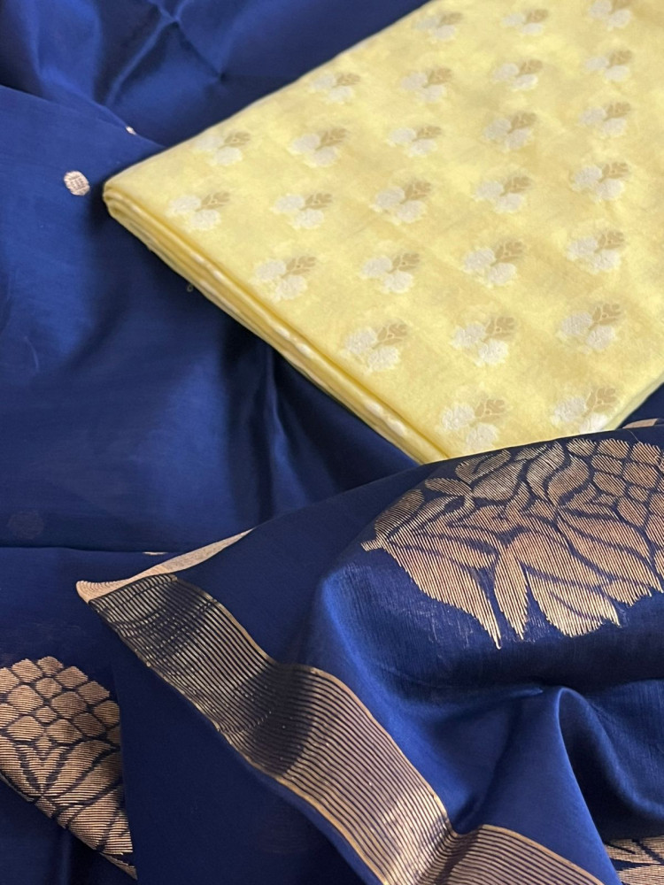 Image of Pure Chanderi Charm - Chanderi Silk Handwoven Dupatta with Zari Butti with Chanderi Cotton Silk Kurta - Navy Blue