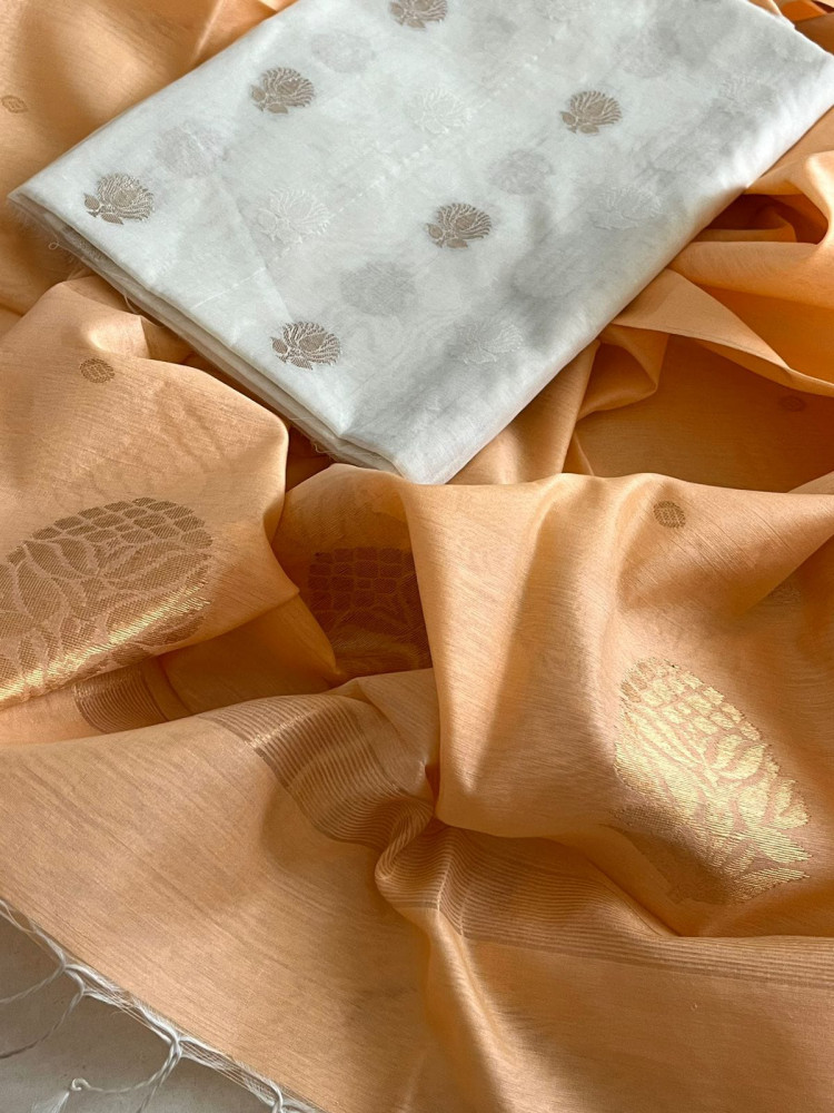 Image of Pure Chanderi Charm - Chanderi Silk Handwoven Dupatta with Zari Butti with Chanderi Cotton Silk Kurta - Peach