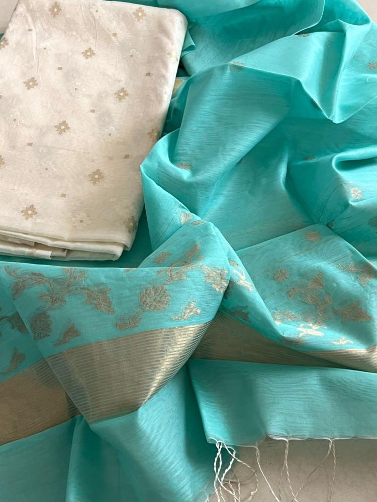 Image of Pure Chanderi Charm - Chanderi Silk Handwoven Dupatta with Zari Butti with Chanderi Cotton Silk Kurta - Sea Blue