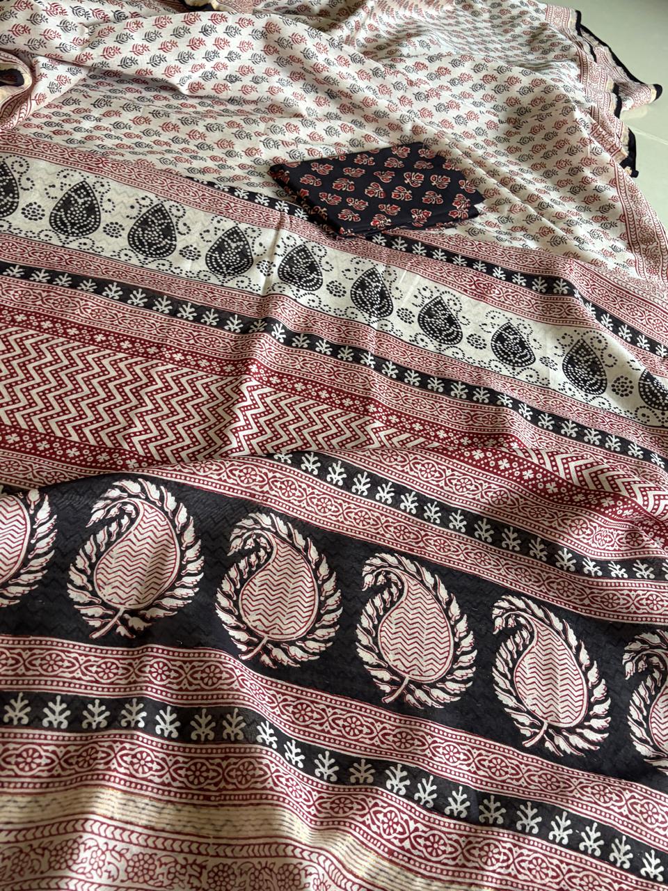 Chanderi Silk Cotton Saree with Traditional Bagh Hand Block Print - Beige
