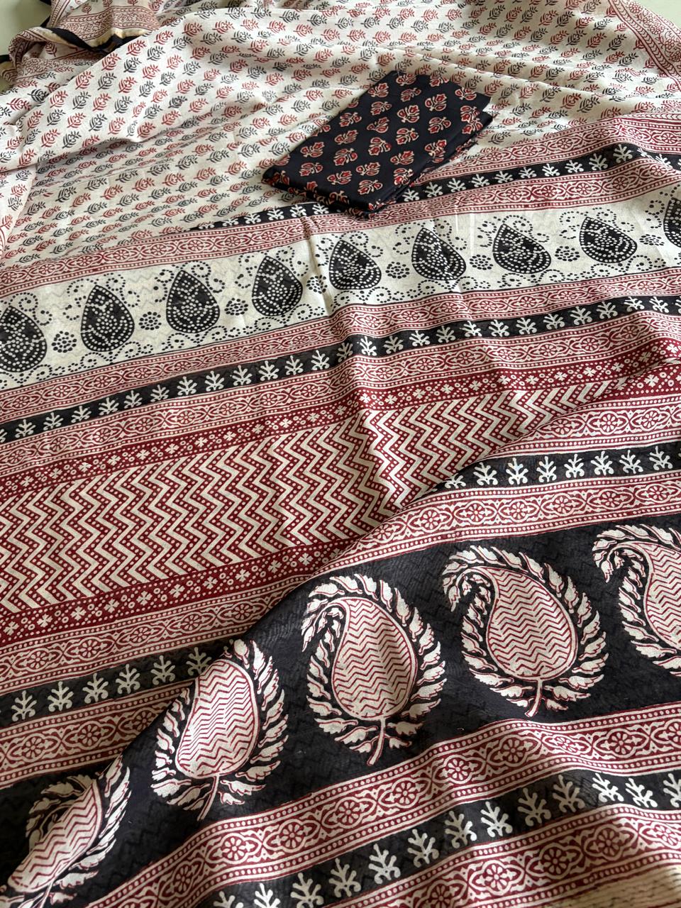 Chanderi Silk Cotton Saree with Traditional Bagh Hand Block Print - Beige