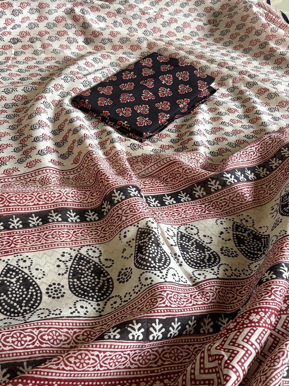 Chanderi Silk Cotton Saree with Traditional Bagh Hand Block Print - Beige