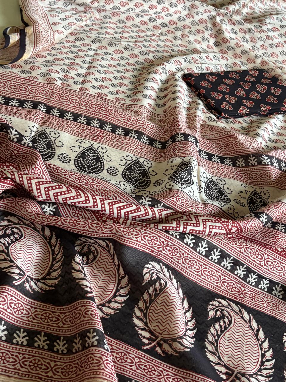 Chanderi Silk Cotton Saree with Traditional Bagh Hand Block Print - Beige