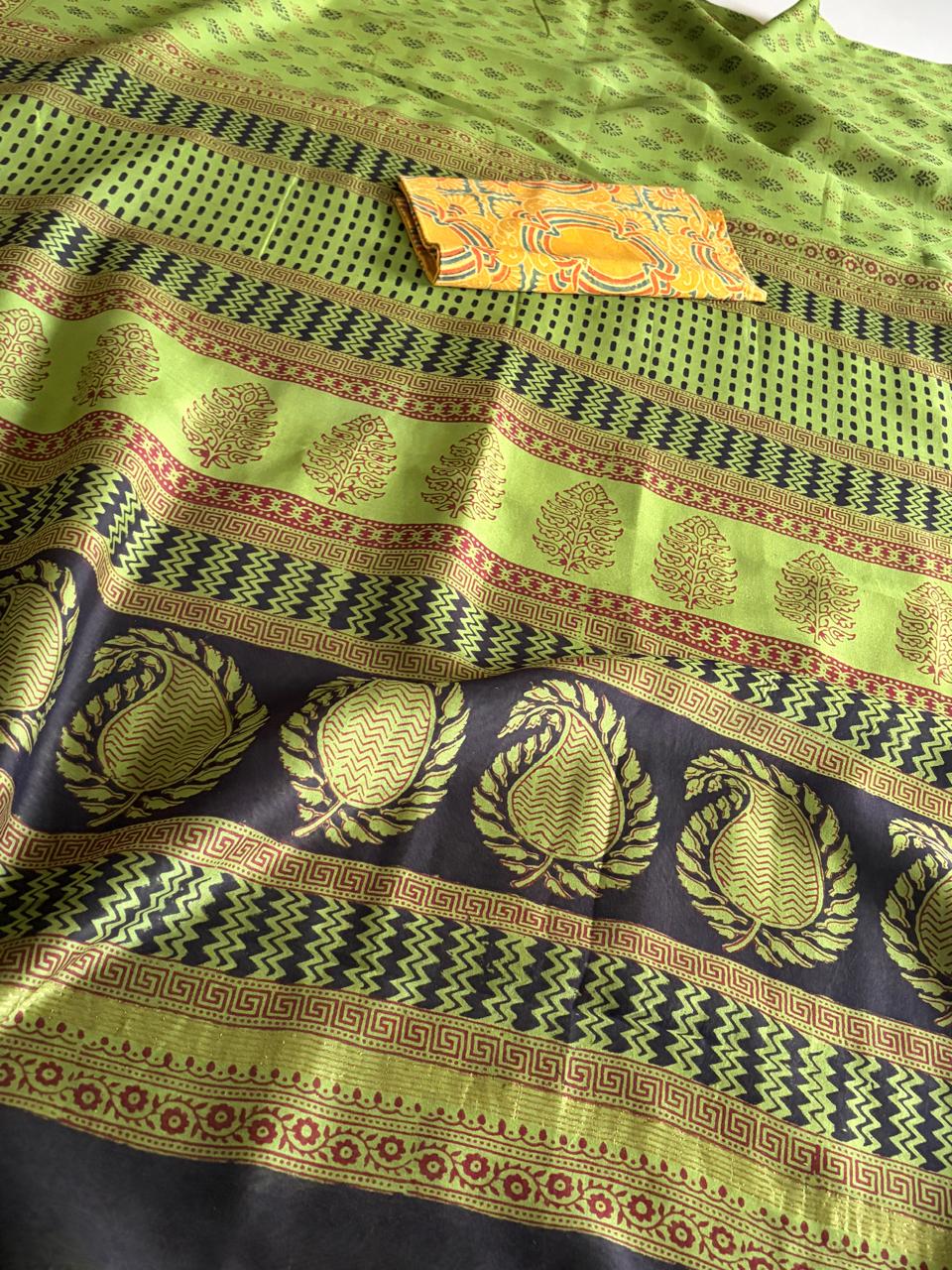 Chanderi Silk Cotton Saree with Traditional Bagh Hand Block Print - Green
