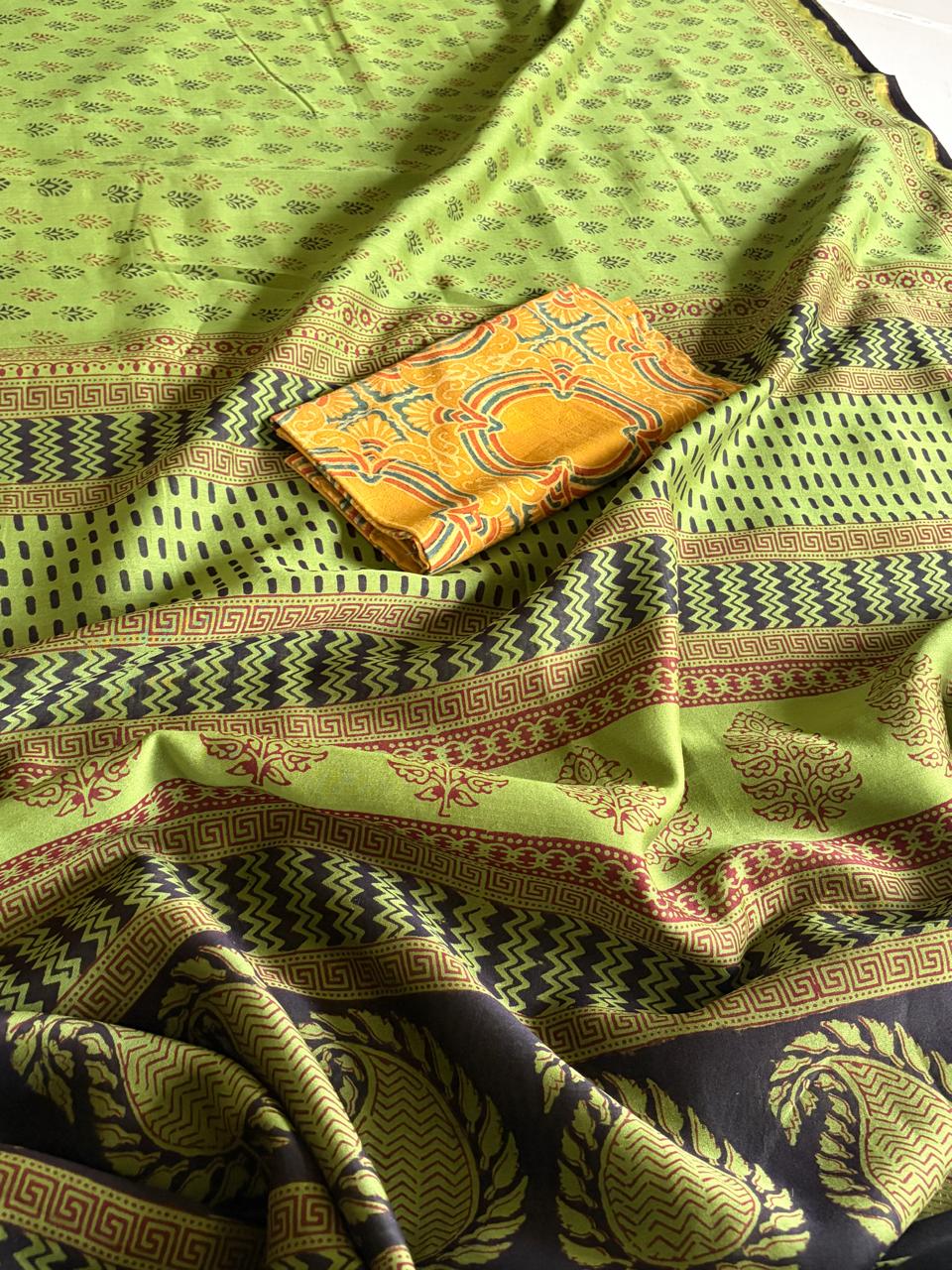 Chanderi Silk Cotton Saree with Traditional Bagh Hand Block Print - Green