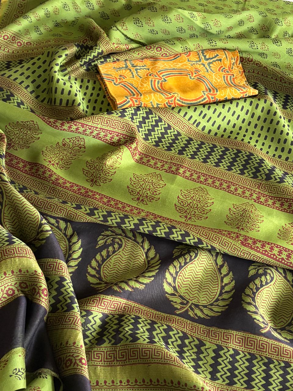 Chanderi Silk Cotton Saree with Traditional Bagh Hand Block Print - Green