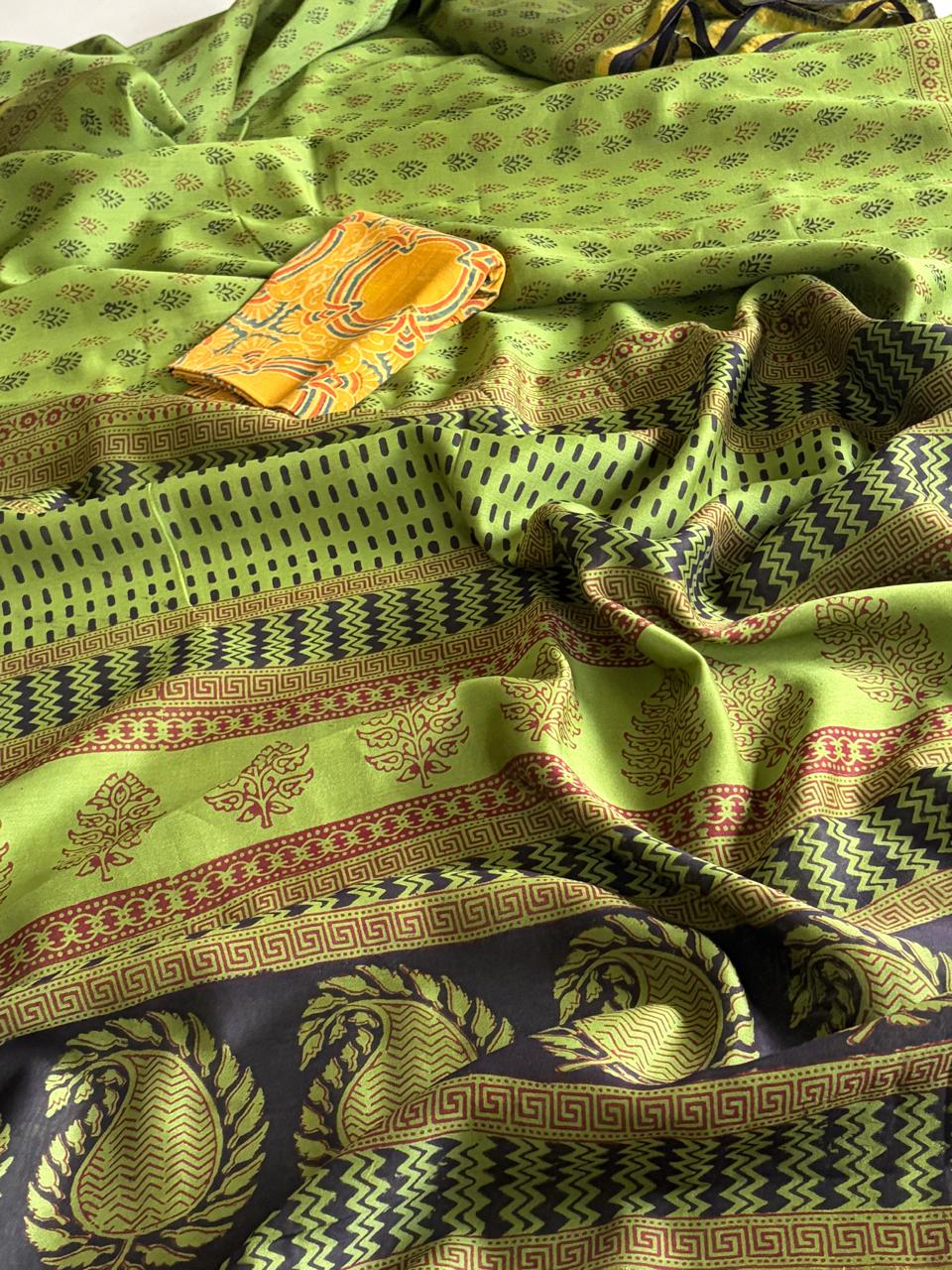 Chanderi Silk Cotton Saree with Traditional Bagh Hand Block Print - Green