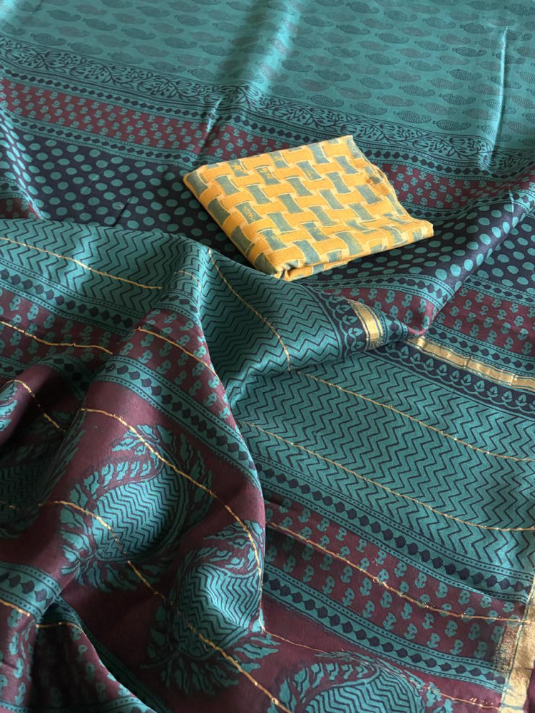 Image of Chanderi Silk Cotton Saree with Traditional Bagh Hand Block Print - Green