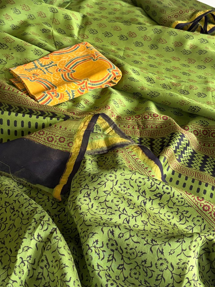 Image of Chanderi Silk Cotton Saree with Traditional Bagh Hand Block Print - Green