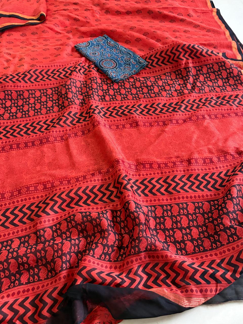 Chanderi Silk Cotton Saree with Traditional Bagh Hand Block Print - Orange
