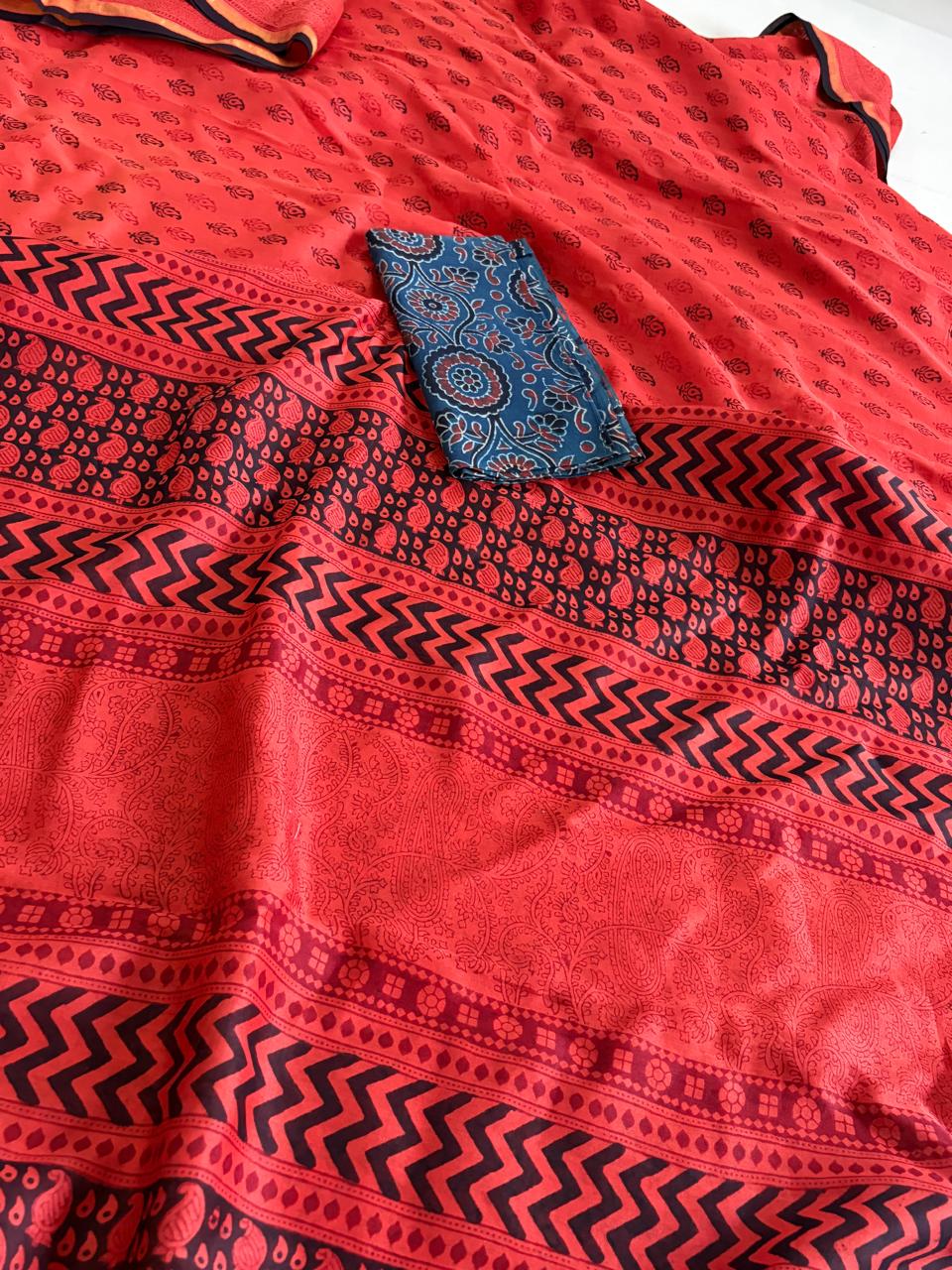Chanderi Silk Cotton Saree with Traditional Bagh Hand Block Print - Orange