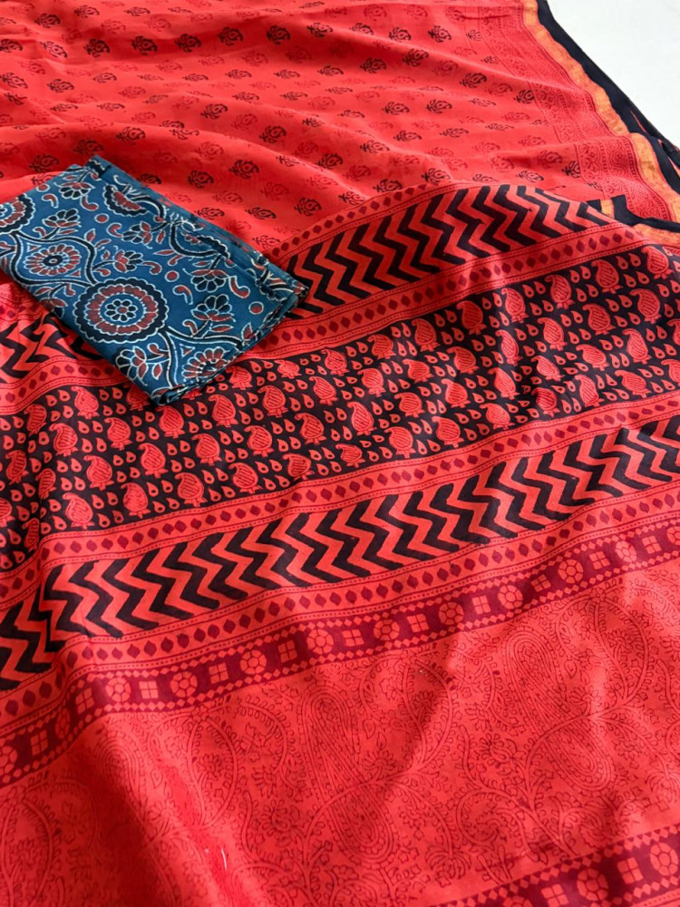 Image of Chanderi Silk Cotton Saree with Traditional Bagh Hand Block Print - Orange