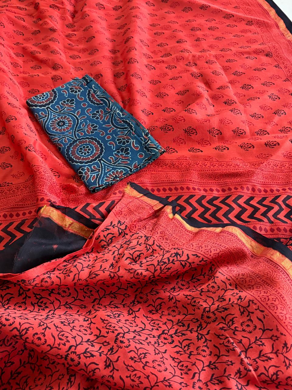 Chanderi Silk Cotton Saree with Traditional Bagh Hand Block Print - Orange