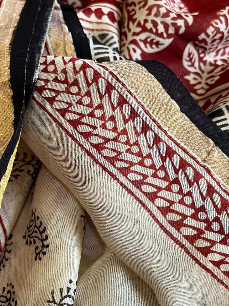 Chanderi Silk Cotton Saree with Traditional Bagh Hand Block Print - Beige