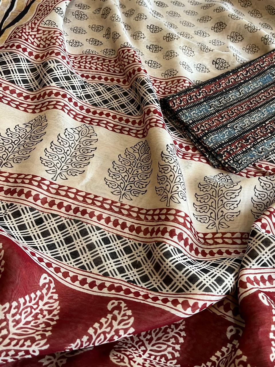 Chanderi Silk Cotton Saree with Traditional Bagh Hand Block Print - Beige