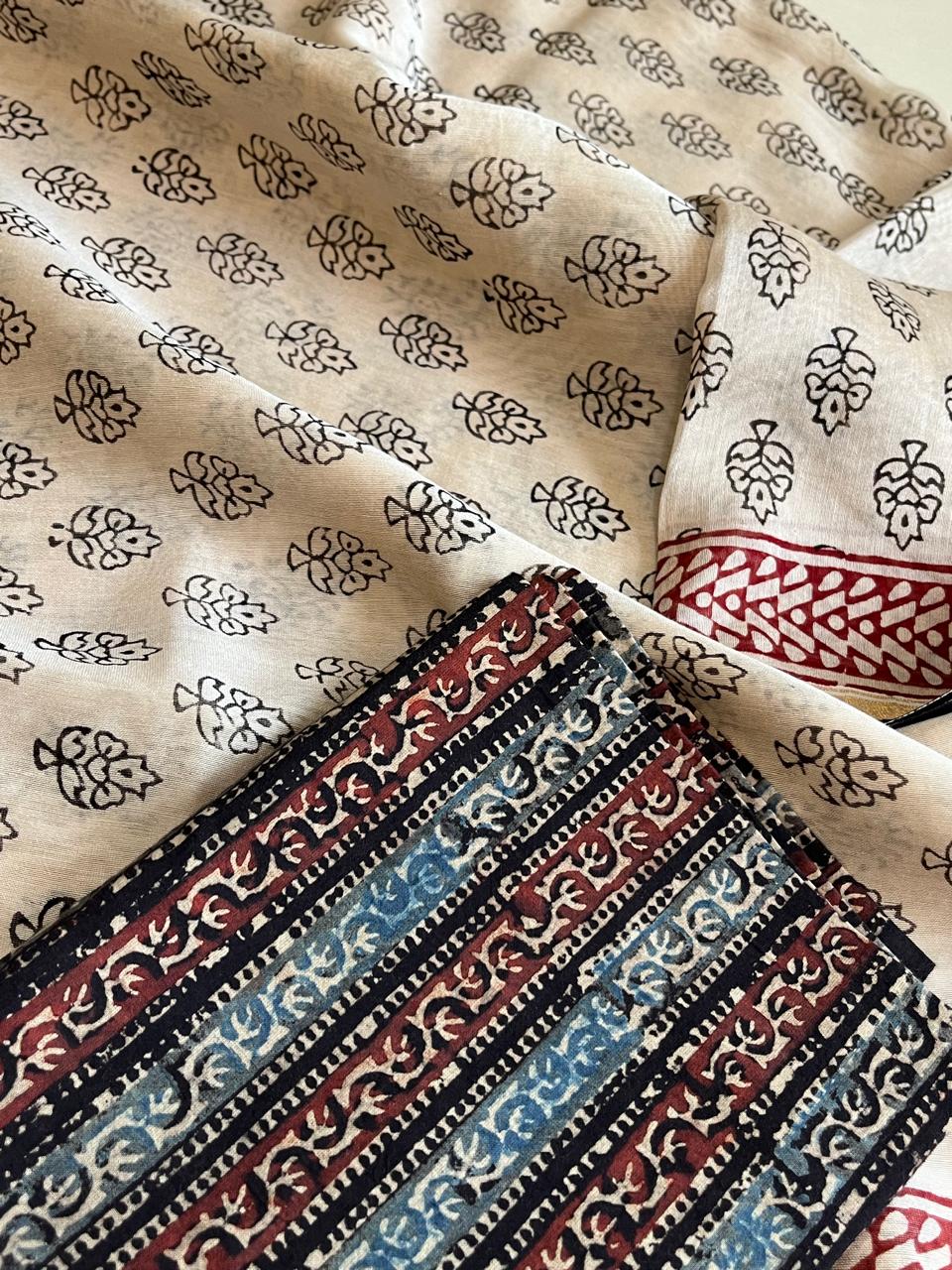 Chanderi Silk Cotton Saree with Traditional Bagh Hand Block Print - Beige