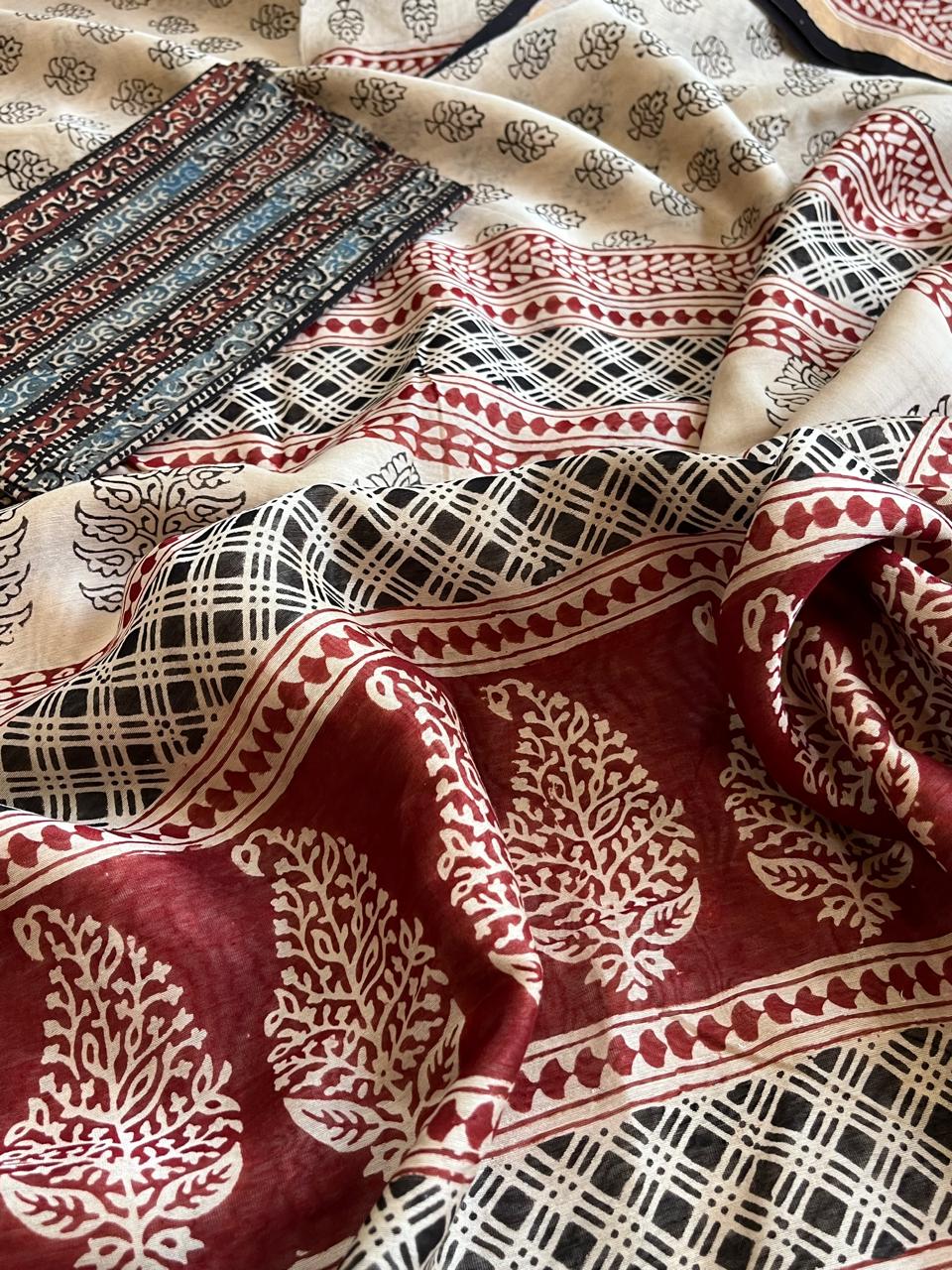 Chanderi Silk Cotton Saree with Traditional Bagh Hand Block Print - Beige