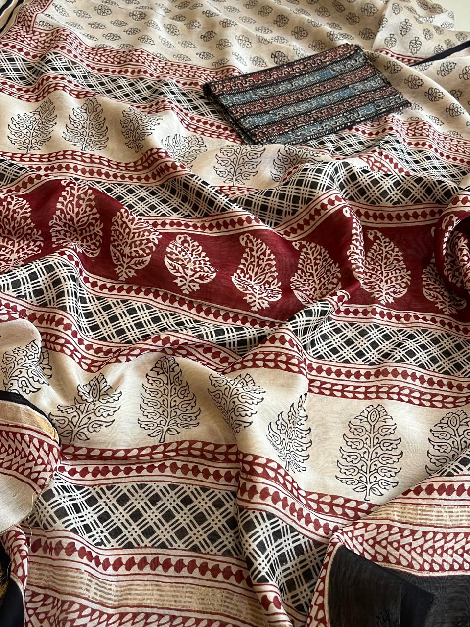 Chanderi Silk Cotton Saree with Traditional Bagh Hand Block Print - Beige