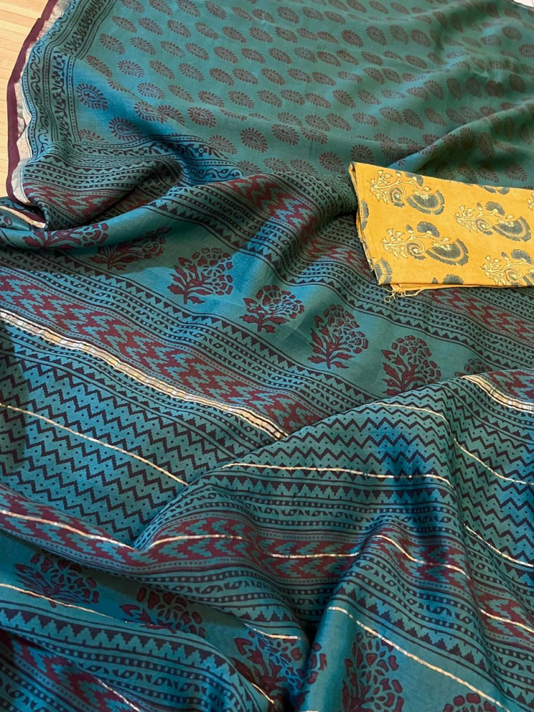 Image of Chanderi Silk Cotton Saree with Traditional Bagh Hand Block Print - Green