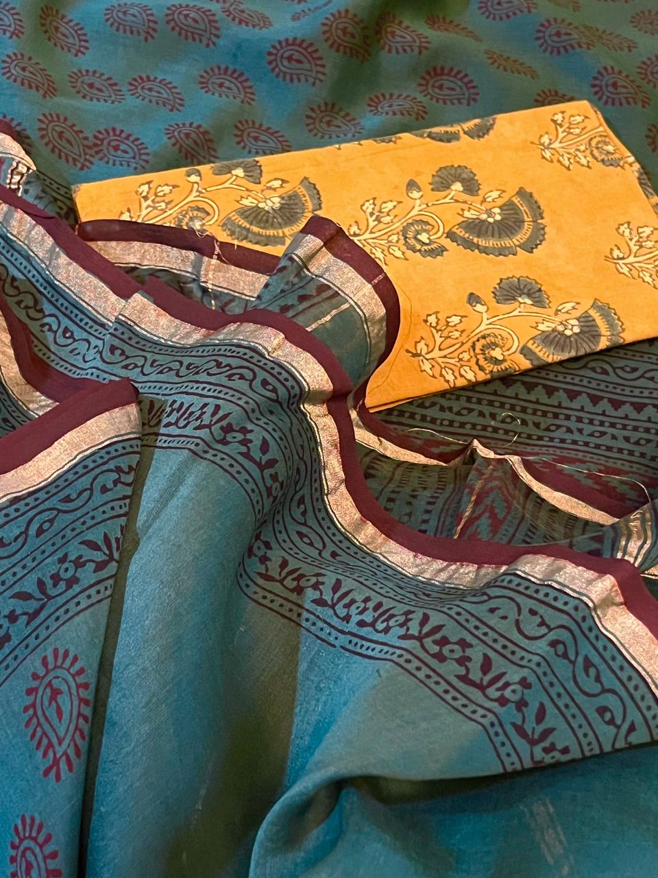 Chanderi Silk Cotton Saree with Traditional Bagh Hand Block Print - Green