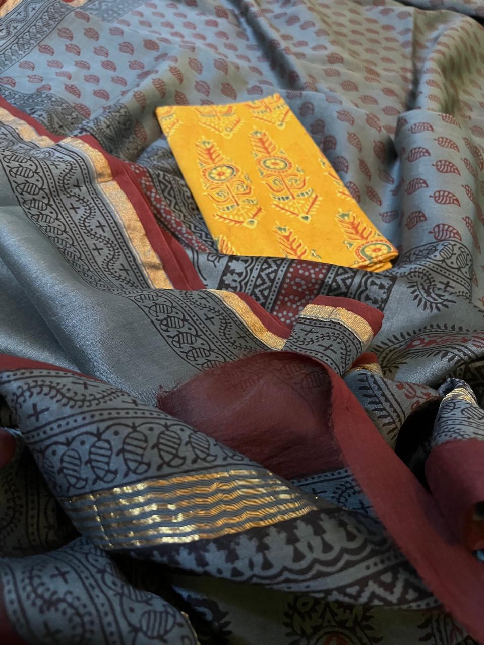 Chanderi Silk Cotton Saree with Traditional Bagh Hand Block Print - Grey